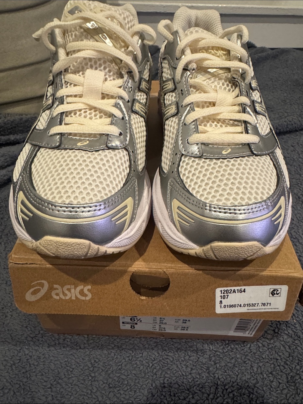 Asics Cream and Silver Mesh Athletic Sneakers
